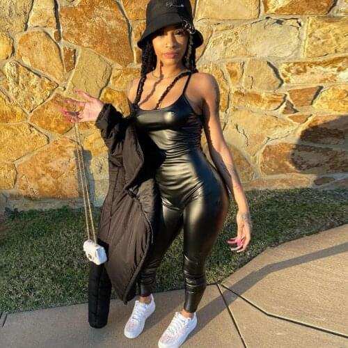 2021 Women Close-fitting Jumpsuit new spring fashion street style sexy PU leather suspenders all-in-one pants women