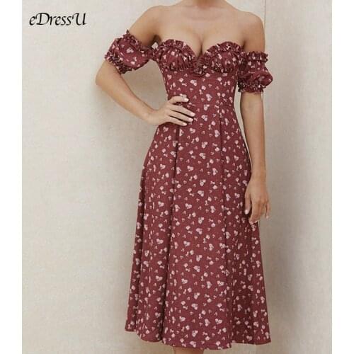 EDressU 2021 Ruffles Strapless Floral Dress Women Slit Off Shoulder Vintage Print Long Dress Summer Bohemian Dress HH-21027