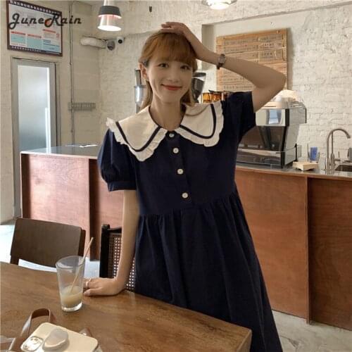 Dress Women Peter Pan Collar Midi 3 Colors Preppy Puff Sleeve College Retro Lovely Sweet Girls Holiday Soft Design Sundress Ins