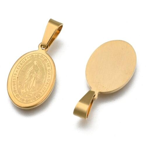 10pcs Flat Oval with Virgin Mary 304 Stainless Steel Pendants for jewelry making, 21x13x1.5mm, Hole: 4x6mm