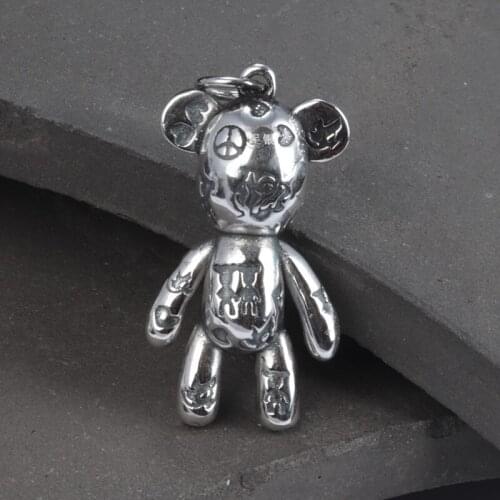 100%925 sterling silver sterling silver bear pendant, retro light three-dimensional double-sided cute pendant