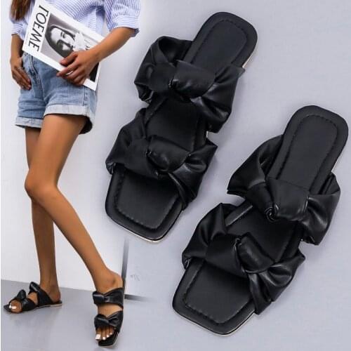 2021 Women Slippers Fashion Weave Ladies Flat Heel Slides Causal Open Square Toe Outdoor Beach Sandals Summer Female Flip Flop