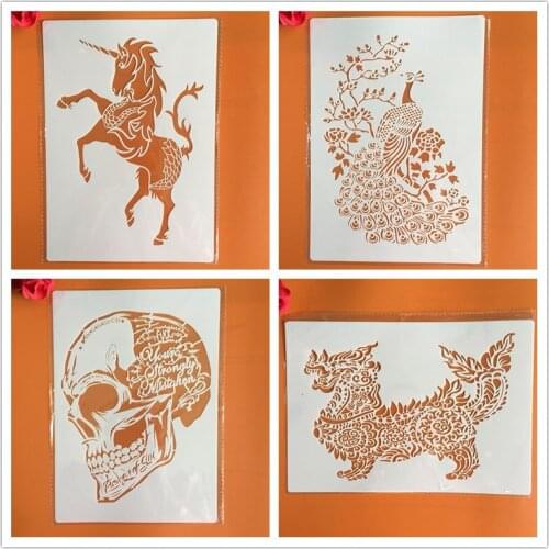 4pcs/set A4 Animals Mandala Stencils Painting Coloring Embossing Scrapbook Album Decorative Template cake stencil crafts books
