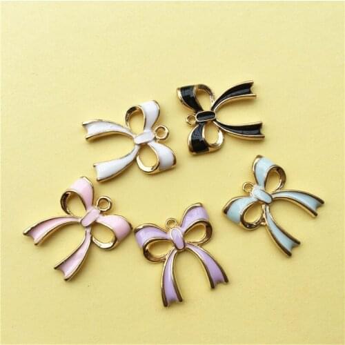 50PCS Oil Drop Bow Alloy Necklace Pendant Gold Tone Metal Enamel Folating Necklace Fashion Charm Pendants 20*18mm