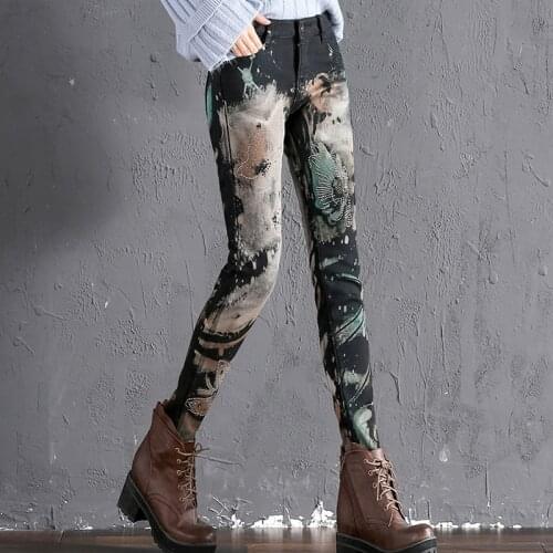 Spring Fall Fashion Women Female Beading Glitter Stone Flower Pattern Stretch Skinny Denim Pencil Trousers , Casual Jeans Pants