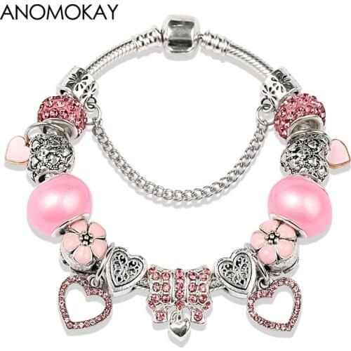 European & American Romantic Pink Heart Crystal Charm Bracelet Jewelry Silver Color Diy Bead Bracelet for Women Girl