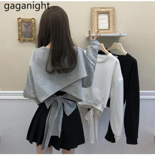 Gaganight Fashion Women Back Bow Jumper Sweet Lady Long Sleeve Hoodies Chic Korean Girls Sweatershirt Solid 2020 Crop Jumpers