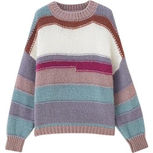 Korean Womens Sweater Casual Loose Color Striped Sweater Outer Wear Pullover Warmth Thick Pull 2021 Autumn Winter New