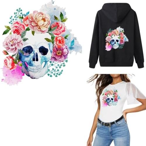Beauty Flower Skull Iron On Patches For Clothing Thermo Stickers On Clothes Diy Decor Appliqued Accessories Heat Transfer Patch