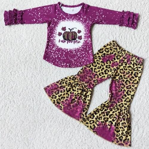 Hot Sale Kids Designer Clothes Girls Fall Outfits Halloween Boutique Baby Girls Clothing Pumpkin Leopard Bell Bottom Outfits RTS