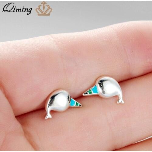 QIMING Tiny Sea Animal Dolphin Cute Womens Earrings Studs Sleep Whale Lively Ocean Jewelry Baby Silver Earring Gift
