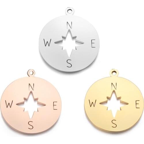 Fashion 5Pcs/Lot Stainless Steel Round Hollow Compass Pendant DIY Charms Mirror Polished Necklace Jewelry Gift Wholesale