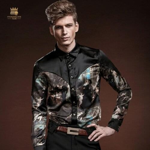 FANZHUAN Free Shipping autumn casual New man male mens long sleeved black slim Character Pattern Printing Stitching shirt 14220