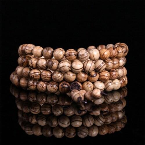 Natural Vietnam Fragrant Lignaloo 108 Wooden Bracelet Buddha Beads Prayer Mala Tiger Skin Clear Lines Buddhist Jewelry Wholesale
