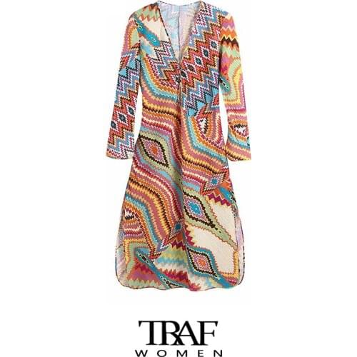 TRAF Za Women Chic Fashion With Drawstring Printed Midi Dress Vintage Long Sleeve Side Vents Female Dresses Vestidos Mujer