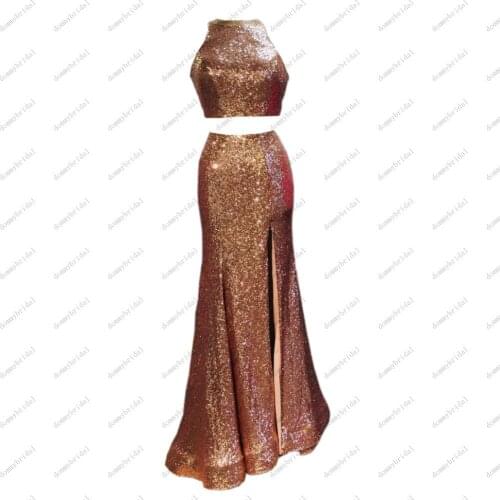 2021 Sparkly Rose Gold Two Pieces Halter Mermaid Prom Dresses Side Split Cocktail Wedding Party Guest Evening Dress Formal Gowns