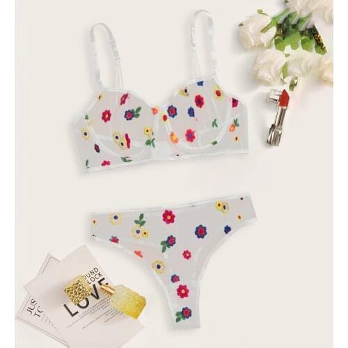 Transparent Bra New Sexy Fashion G-String Thong Sleepwear Plus Size Underwear Mujer Sensual Lingerie Flower Lace Sets Push Up