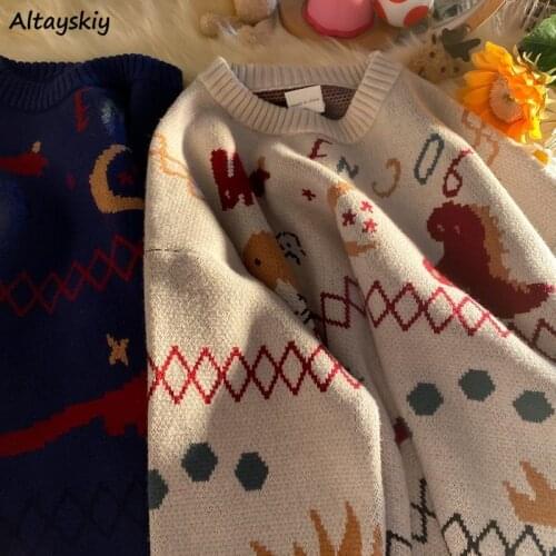 Pullovers Women Loose Cartoon Couple Design Cozy New Autumn Fashion All-match Leisure Korean Style Kawaii Simple Mujer Chic Ins