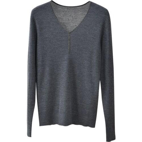 SHUCHAN Chain Wool Womens Knit Pullover Autumn Vintage Sweater V-Neck Spliced Formal Spring/Autumn Long Sleeve Tops