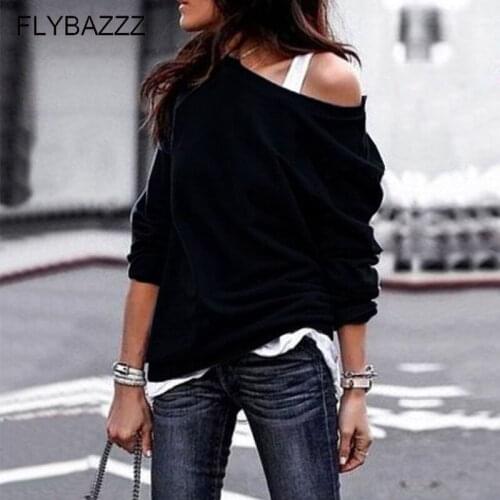 New Women Spring Winter Black Hoodies Long Sleeve Loose Top Sweatshirt Leisure Solid Sexy Off Shoulder Pullover Exercise Sweater