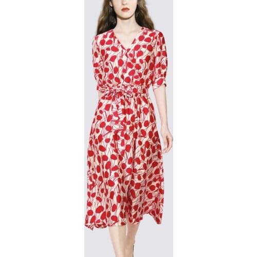 LLZACOOSH Floral Printted Vintage Women 2021 Summer Temperament V-Neck Short Sleeve Slim Chiffon A-Line Dress Female