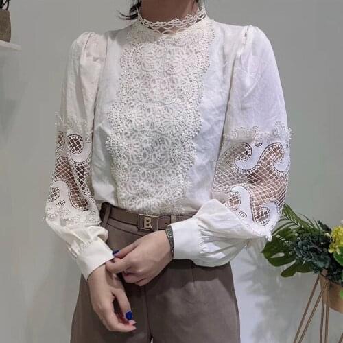 Spring Women Lace Ruffle Blouses Female Long Lantern Sleeve Hollow Out Stand-up Collar Vintage Casual Blouse Simplicity Shirts