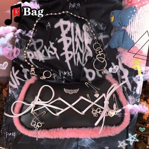 Gothic Women Chain Crossbody Bags Soft Plush Ladies Plush Handbag Bowknot Tether Spice Girls Y2K Punk shoulder bag tote