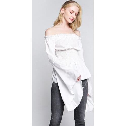 Womens Tops And Blouses Feminine Autumn Streetwear White Off Shoulder Long Sleeve Waisted Blouse Flare Sleeve Ladies Top