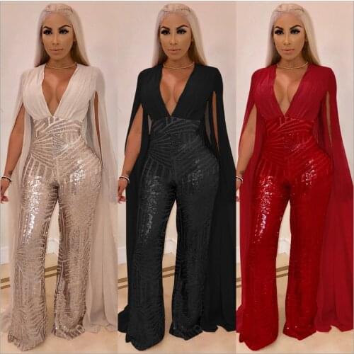Newest Glitter Sequins Beige Black Red Women Jumpsuit Girl Jumpsuit Bling Long Sleeves Girl Dress Ankle-length Party Clothes