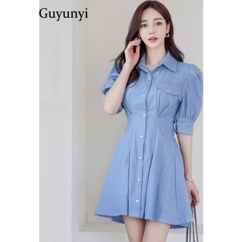 High Street Denim Dress 2021 Summer High Waist Elastic Band Single Breasted Puff Sleeve Temperament Elegant Shirt Dress Woman