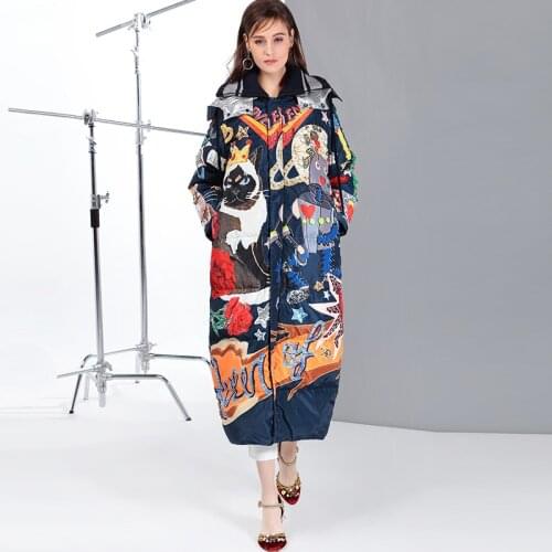 High quality 2019 new Temperament Fashion Loose parka Print Vintage X-Long women down winter coat Warm Jacket Female Overcoat