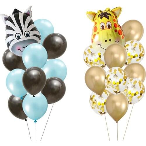 11pcs Giraffe Zebra Animal Helium Balloons Gold Confetti Blue White Latex Ball Safari Party Jungle Zoo Helium Foil Air Balloons