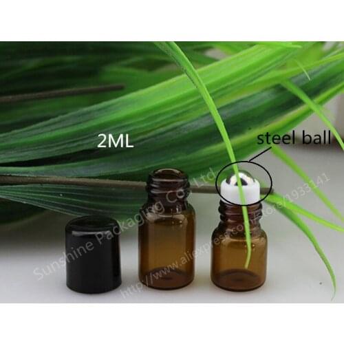 500pcs 2ml Amber Roll On Roller Bottle for Essential Oils Refillable Perfume Bottle Deodorant Containers with Black lid