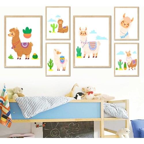 Alpaca Llama Cactus Desert Animal Plant Wall Art Canvas Painting Nordic Posters And Prints Wall Pictures Kids Kawaii Room Decor