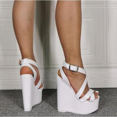 Big Size Girls White Cross Bands Buckle Wedge Sandals Casual Super High Heel Platform Party Sandals Shoes 100% Factory Photos