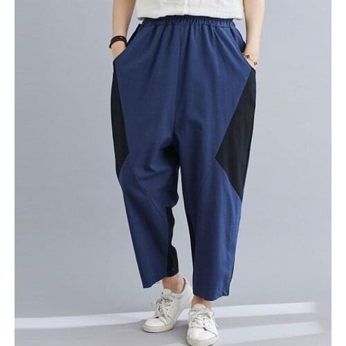 Women Cotton Linen Casual Ankle-length Pants New 2021 Spring Vintage Style Patchwork Color Loose Female Harem Pants S3570