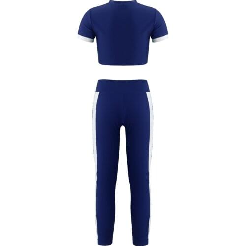 Kids Girls Workout Gymnastics Sports Outfits Crop Top with Letter Print Side Leggings Sports Dancewear Sets for Yoga Running