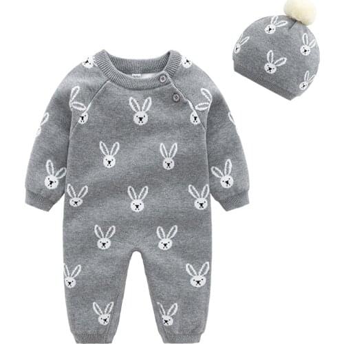Brand Baby Girls Clothes Set Soft Cotton Knitted Newborn Infant Boys Rompers+Hats 2pcs Outfits Autumn Winter Childrens Costumes