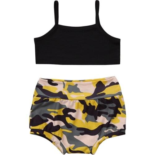 0-3Years Toddler Baby Girl Clothes Summer Sets Black Straps Crop Tank Tops+Camo Shorts 2PCS Fashion Newborn Baby Outifts