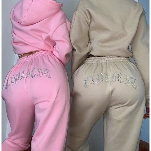 Hot Drilling Activewear Fleece Two Piece Set Drawstring Long Sleeve Pocket Hooded Sweatshirt + Sweatpants Tracksuit Women Jogger