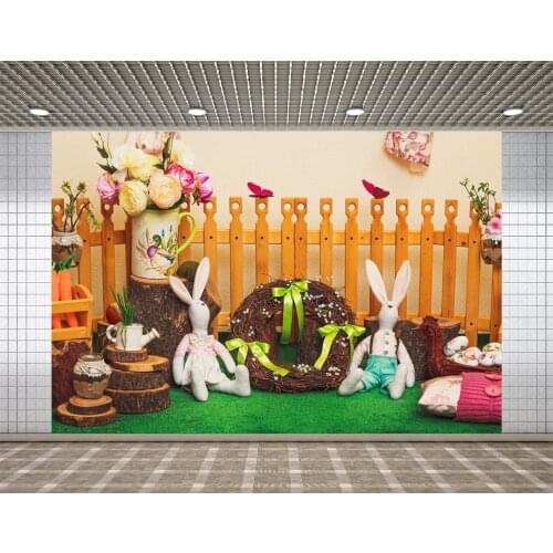 Lyavshi Easter Photography Background Wooden Fence Flowers Toy Rabbit for Baby Kids Portraits Birthday Party Photo Backdrop