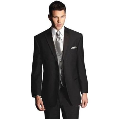 Hot Sales Black Business Men Suits With Silver Vest, Bespoke Classic Black Wedding Suits For Men, Tailor Made Groom Tuxedos