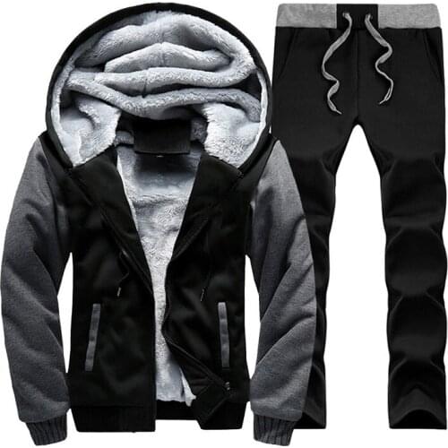 2021 Casual Mens Tracksuit Winter Patchwork Men Set Thick Fleece Jackets + Pants 2 Pieces Sets Warm Hoodie Suits Men Outfit Set