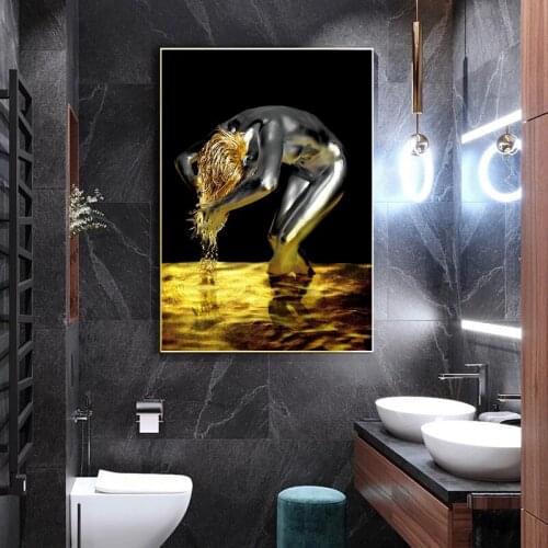 Golden Liquid Black Nude Woman Canvas Painting Wash Hair Cuadros Posters and Prints Scandinavian Wall Pictures for Living Room