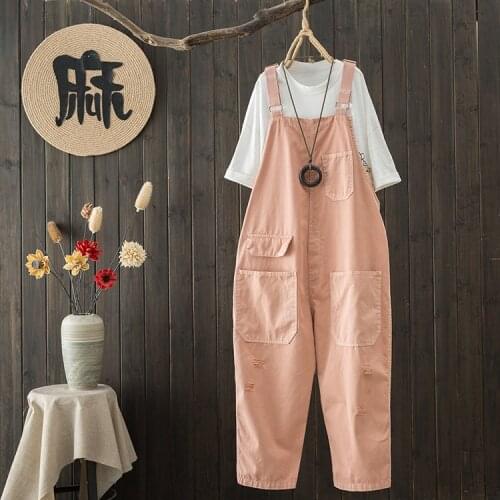 New 2021 Casual Summer Solid Color Loose Playsuits Jumpsuits Women Suspenders Strap Pocket Overalls Rompers Long Straight Pants