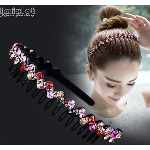 Fashion Crystal Water Ripple Hairband with Teeth Bezel Headband Women Sports Hair Band Hoop Double Bangs Flower Hair Accessories