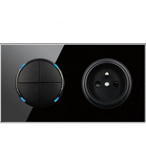 146 Type 4 gang 2 way French switch Crystal Tempered Pure Glass Panel 13a Double Eu Standard Wall Power Socket Grounded black