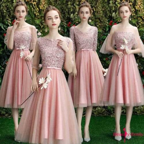 Beauty Emily Sequins O Neck Half Sleeve Bridesmaid Dresses Ruched Tulle Middle Party Gowns For Wedding Lace Up Back Vestido