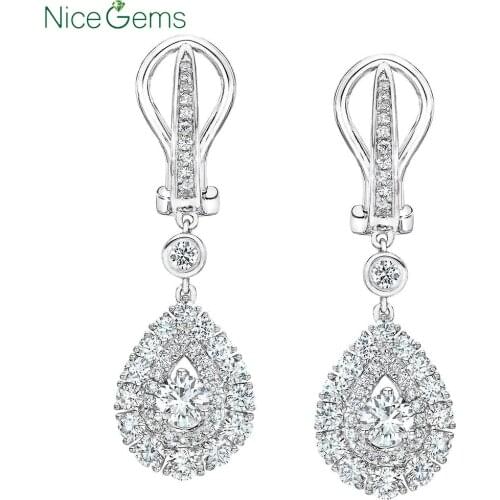 NiceGems 14K 585 White Gold Moissanite Drop Earrings Round Brilliant 2.00 ctw DEF Color Moissanite Diamond Earrings VVS1