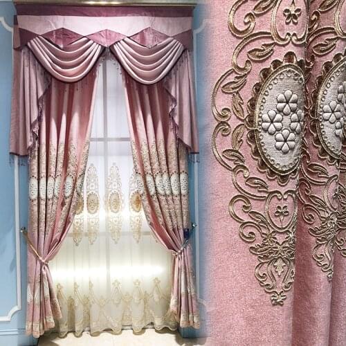 Pink European Luxury Embroidered Blackout curtains for Living Room Upgraded Chenille Custom Curtain for Bedroom